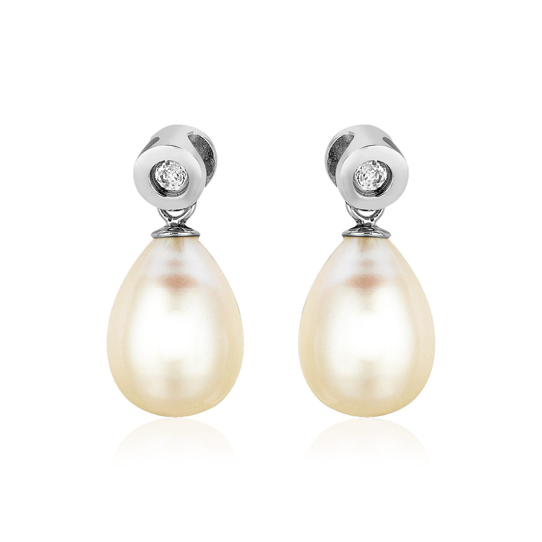 Sterling Silver Earrings with Pear Shaped Freshwater Pearls and Cubic Zirconias