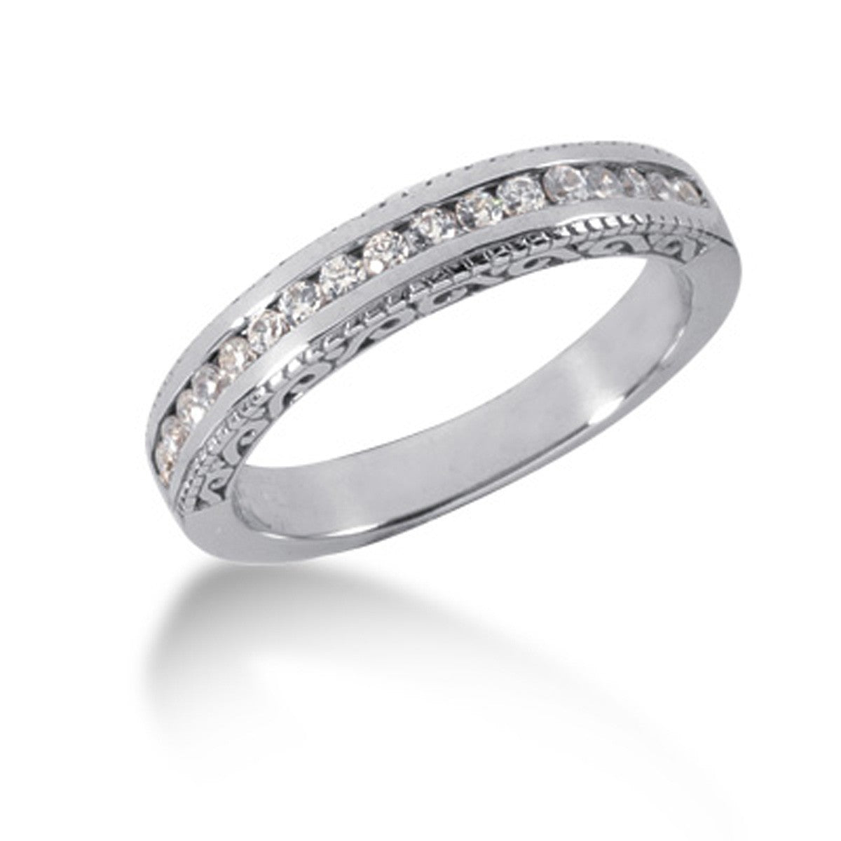 14k White Gold Vintage Style Engraved Diamond Channel Set Wedding Ring Band - jazzyjewelryjones