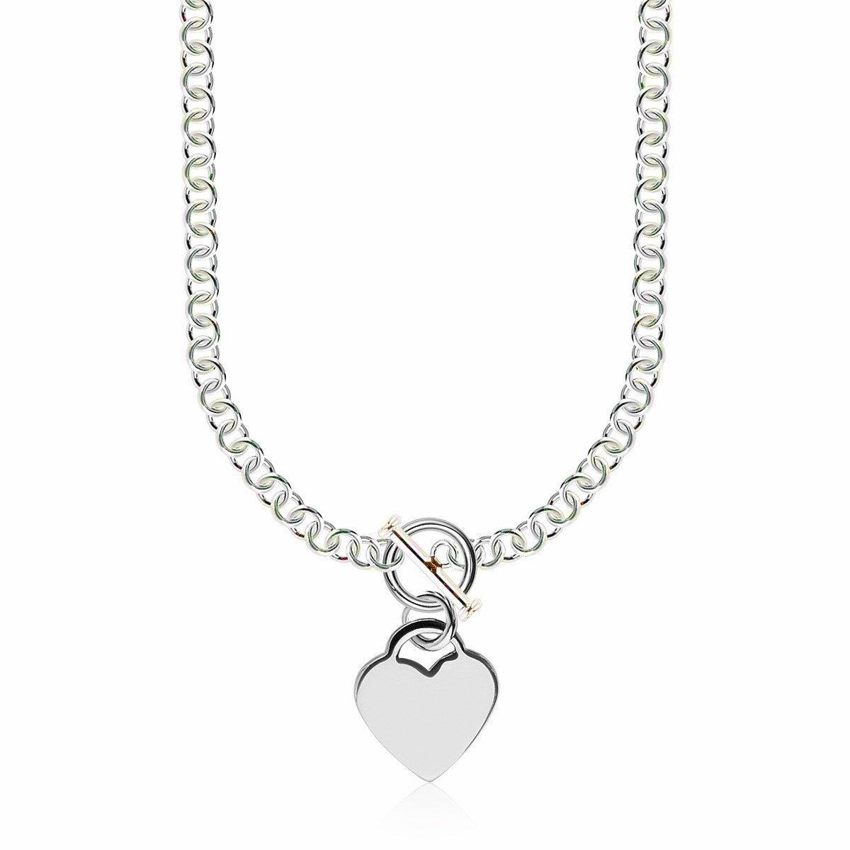 Sterling Silver Rhodium Plated Rolo Chain Necklace with a Heart Toggle Charm - jazzyjewelryjones