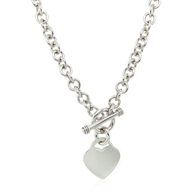 Sterling Silver Rhodium Plated Rolo Chain Necklace with a Heart Toggle Charm - jazzyjewelryjones