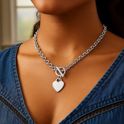 Sterling Silver Rhodium Plated Rolo Chain Necklace with a Heart Toggle Charm - jazzyjewelryjones