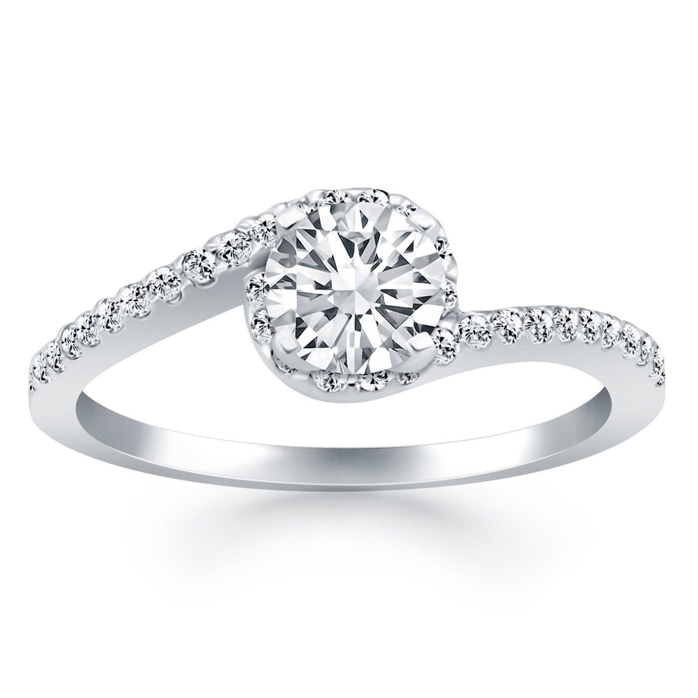 14k White Gold Bypass Swirl Diamond Halo Engagement Ring - jazzyjewelryjones