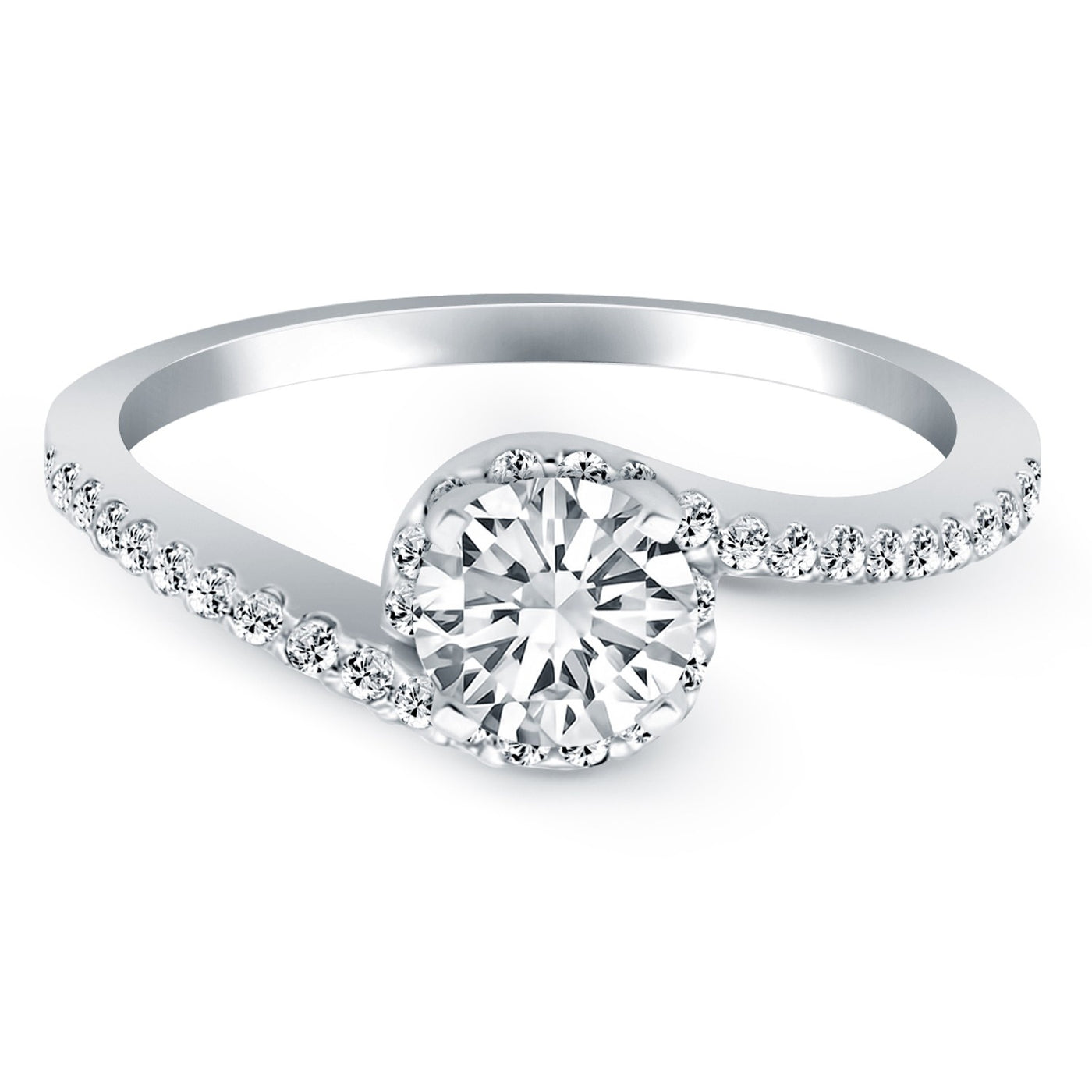 14k White Gold Bypass Swirl Diamond Halo Engagement Ring - jazzyjewelryjones