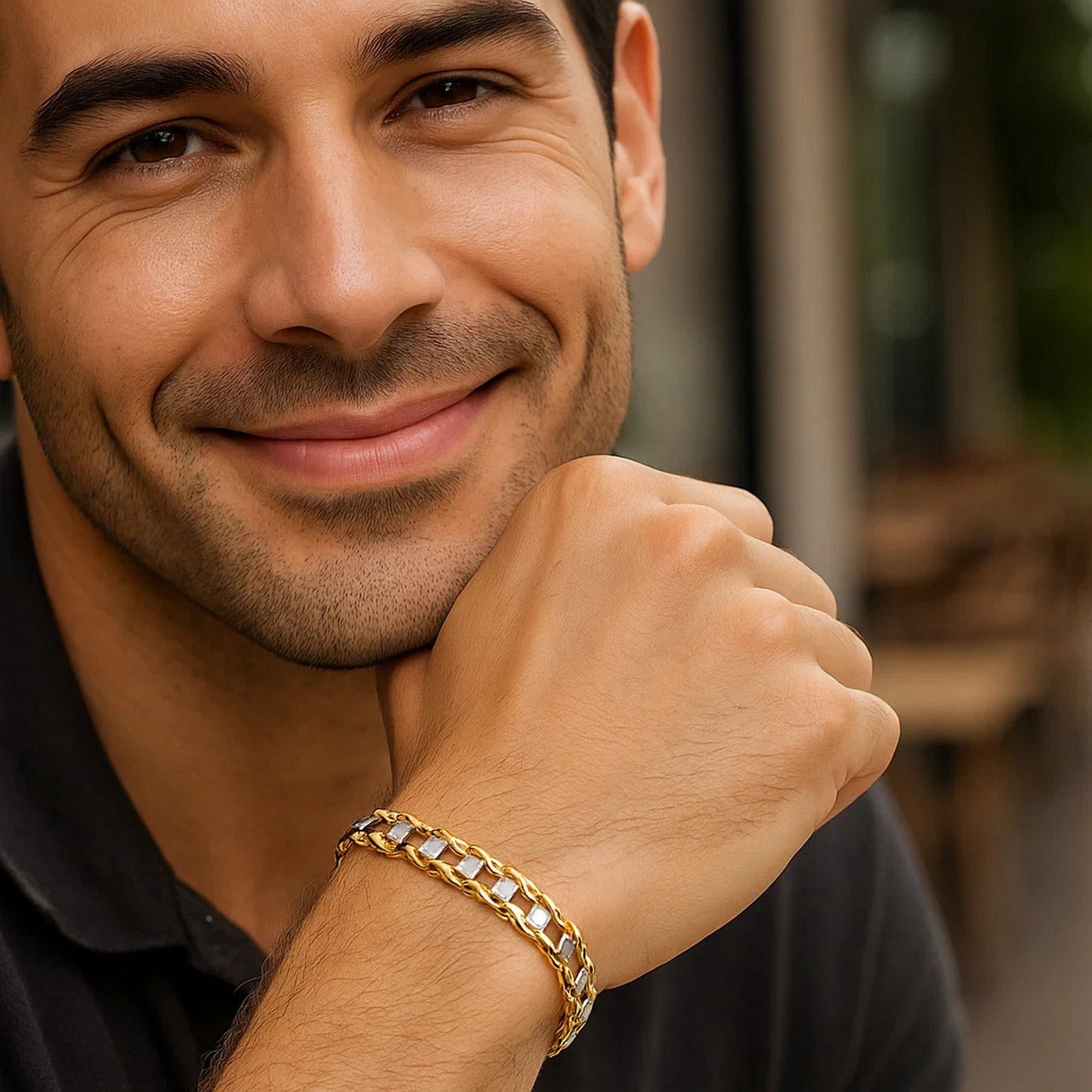 14k Two - Tone Gold Mens Bracelet with S Style Bar Links (7.85 mm) - jazzyjewelryjones