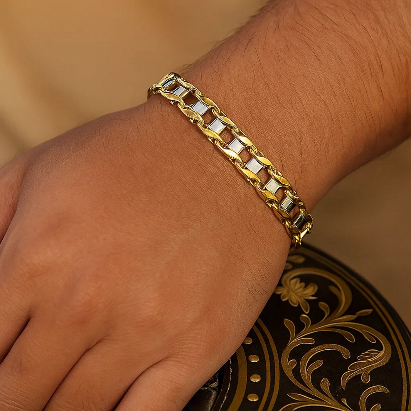14k Two - Tone Gold Mens Bracelet with S Style Bar Links (7.85 mm) - jazzyjewelryjones
