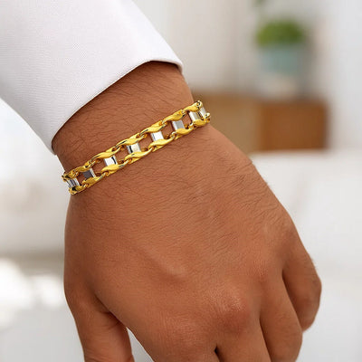14k Two - Tone Gold Mens Bracelet with S Style Bar Links (7.85 mm) - jazzyjewelryjones