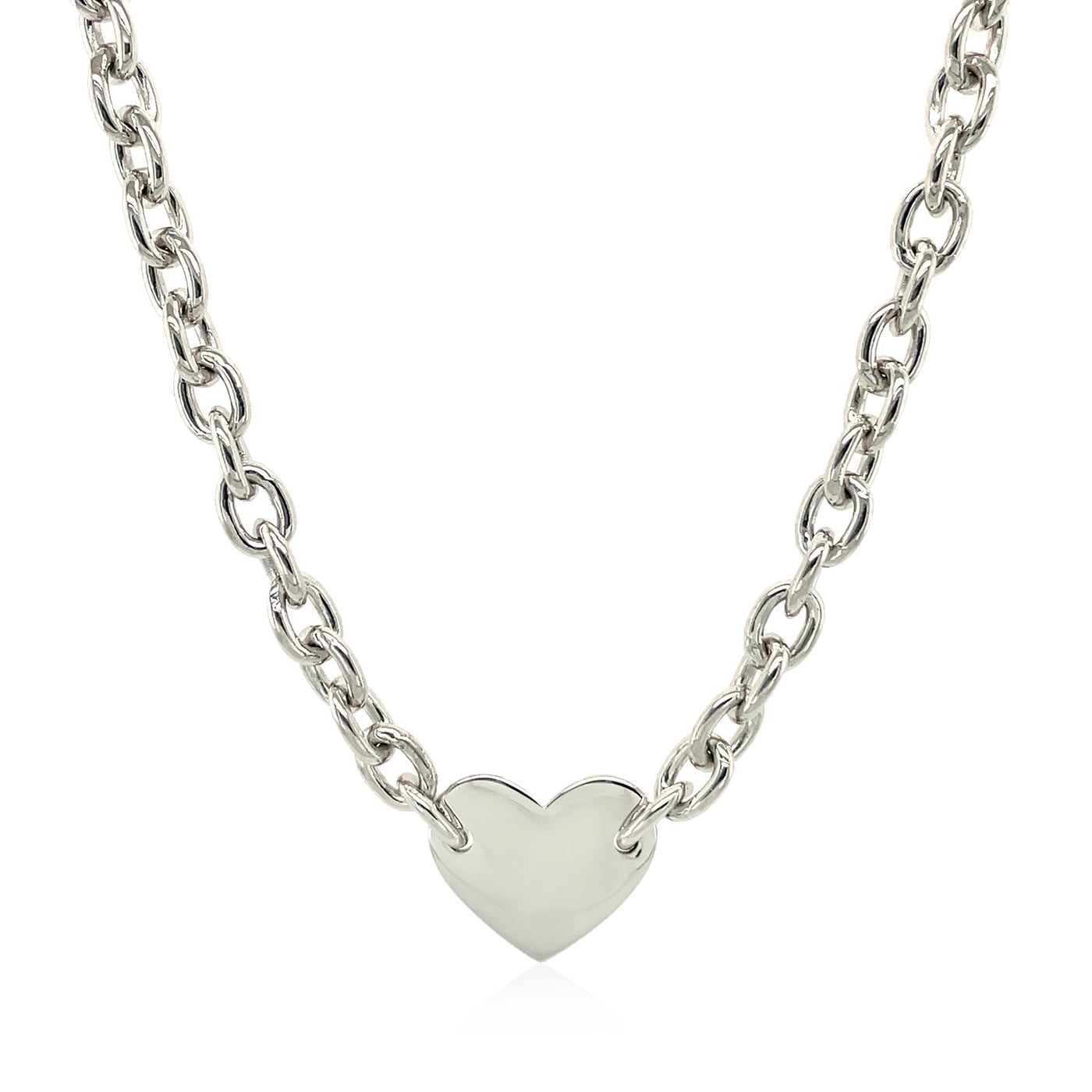 Sterling Silver Rhodium Plated Chain Bracelet with a Flat Heart Motif Station - jazzyjewelryjones