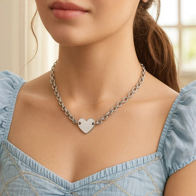 Sterling Silver Rhodium Plated Chain Bracelet with a Flat Heart Motif Station - jazzyjewelryjones