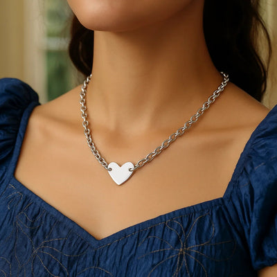 Sterling Silver Rhodium Plated Chain Bracelet with a Flat Heart Motif Station - jazzyjewelryjones