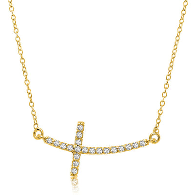 14k Yellow Gold Curved Crucifix Diamond Accented Necklace (.21cttw) - jazzyjewelryjones