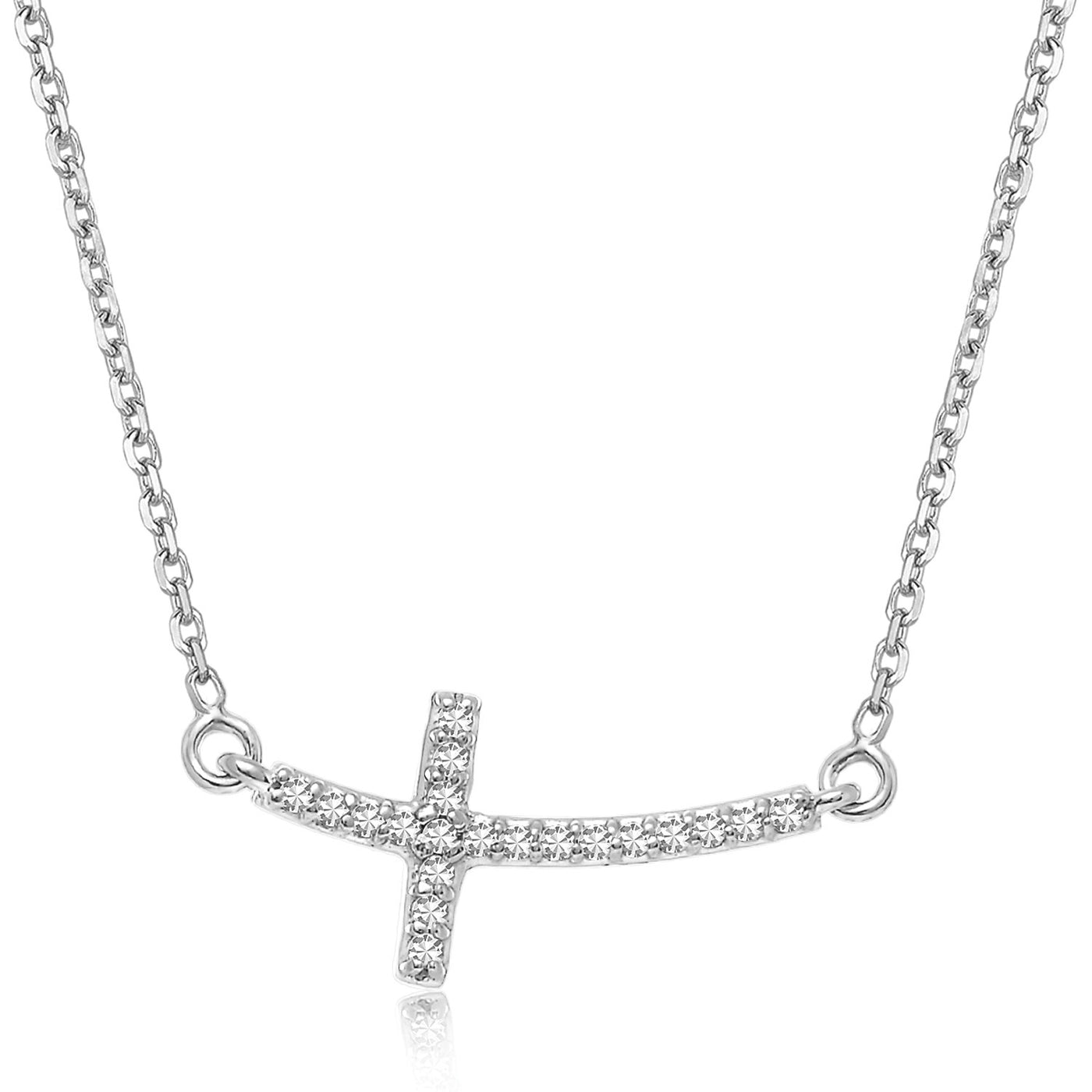 14k White Gold Curved Cross Diamond Studded Necklace (.11cttw) - jazzyjewelryjones