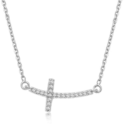 14k White Gold Curved Cross Diamond Studded Necklace (.11cttw) - jazzyjewelryjones