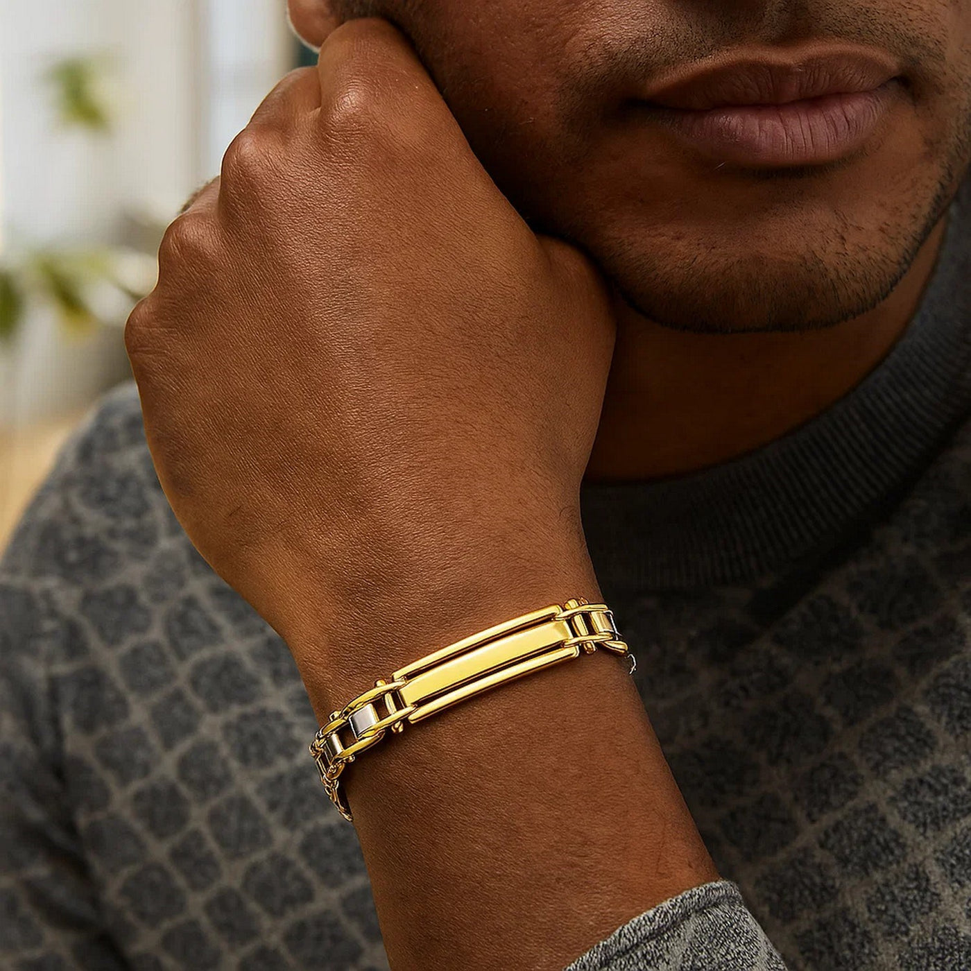14k Two - Tone Gold Fancy Bar Style Mens Bracelet with Curved Connectors (9.65 mm) - jazzyjewelryjones