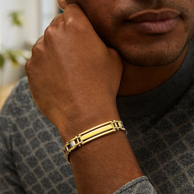 14k Two - Tone Gold Fancy Bar Style Mens Bracelet with Curved Connectors (9.65 mm) - jazzyjewelryjones