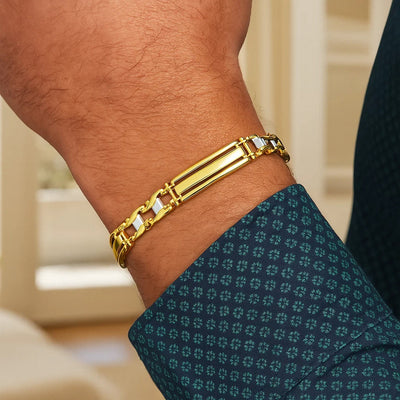 14k Two - Tone Gold Fancy Bar Style Mens Bracelet with Curved Connectors (9.65 mm) - jazzyjewelryjones