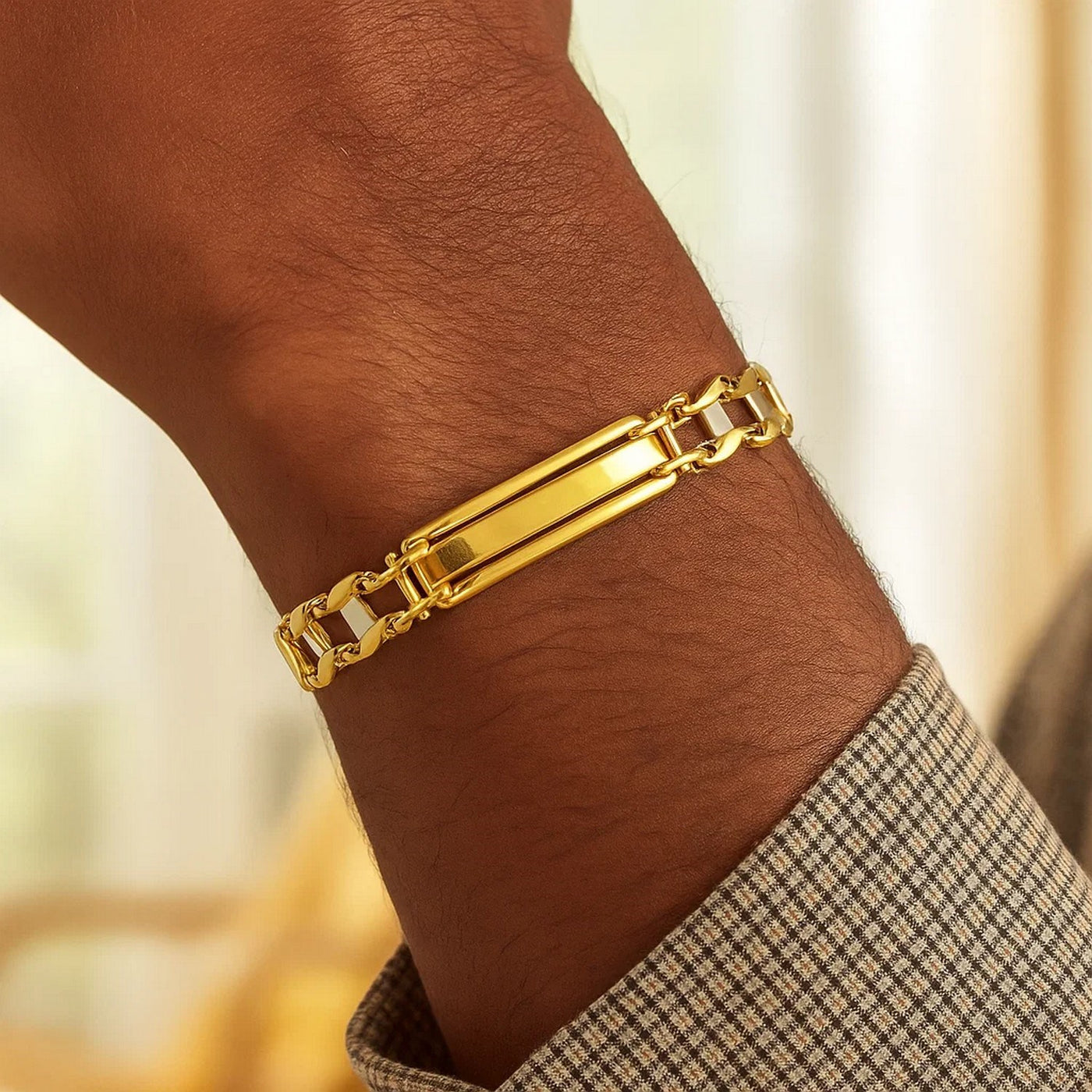 14k Two - Tone Gold Fancy Bar Style Mens Bracelet with Curved Connectors (9.65 mm) - jazzyjewelryjones