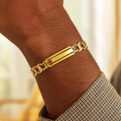 14k Two - Tone Gold Fancy Bar Style Mens Bracelet with Curved Connectors (9.65 mm) - jazzyjewelryjones