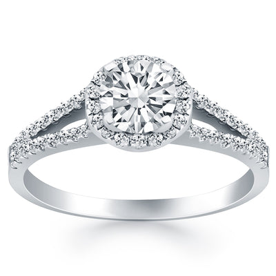 14k White Gold Diamond Halo Split Shank Engagement Ring - jazzyjewelryjones