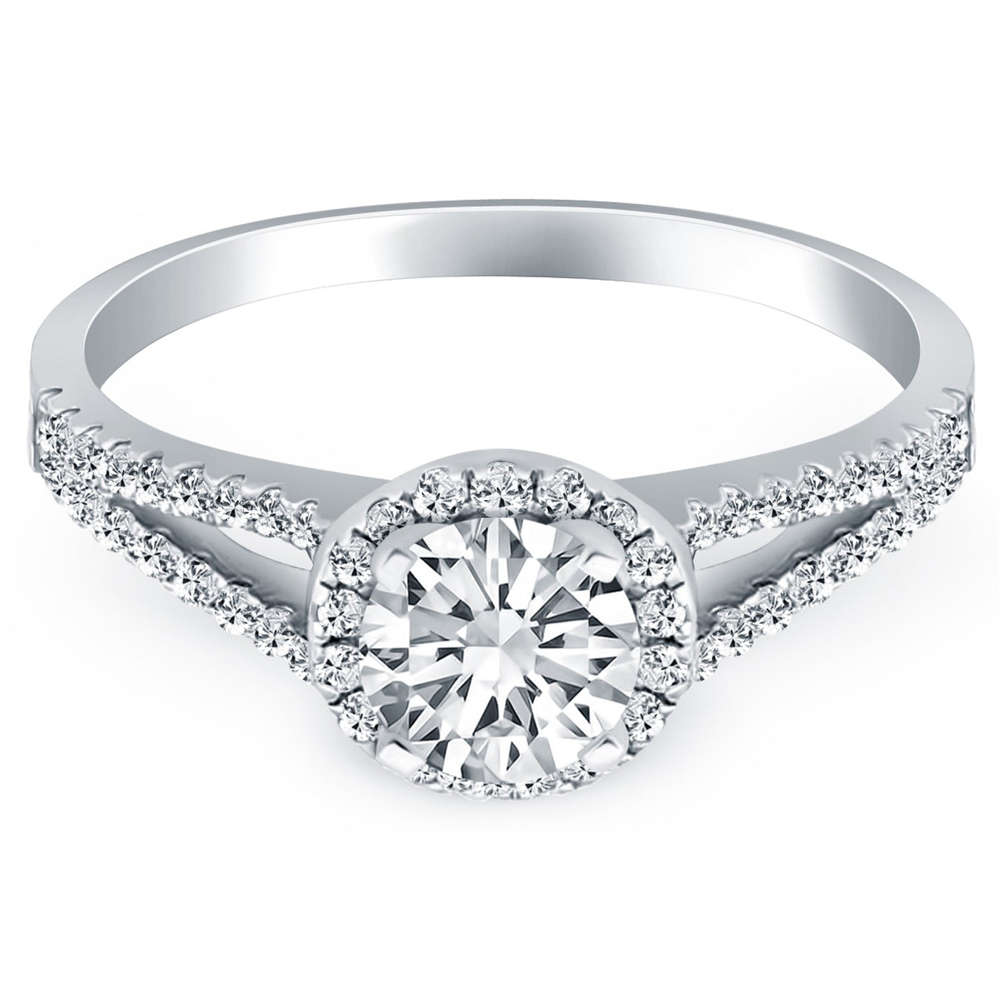 14k White Gold Diamond Halo Split Shank Engagement Ring - jazzyjewelryjones