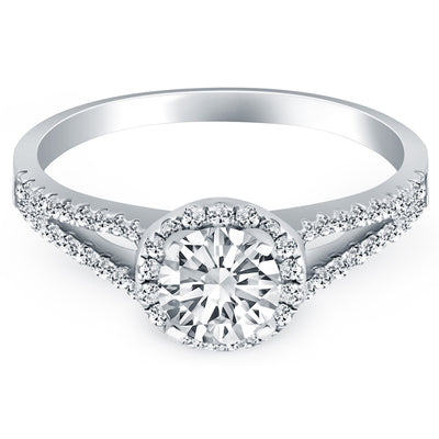 14k White Gold Diamond Halo Split Shank Engagement Ring - jazzyjewelryjones