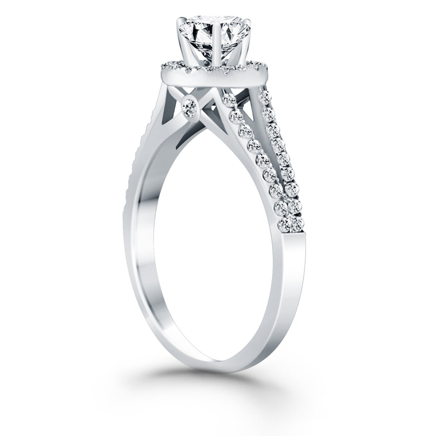 14k White Gold Diamond Halo Split Shank Engagement Ring - jazzyjewelryjones