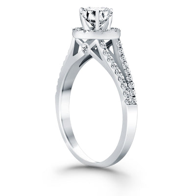14k White Gold Diamond Halo Split Shank Engagement Ring - jazzyjewelryjones