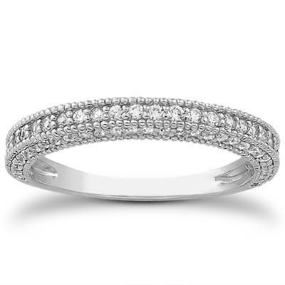 14k White Gold Fancy Pave Diamond Milgrain Textured Wedding Ring Band - jazzyjewelryjones