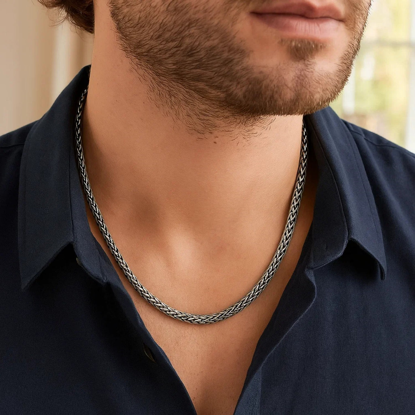 Oxidized Sterling Silver Wheat Style Chain Men's Necklace - jazzyjewelryjones