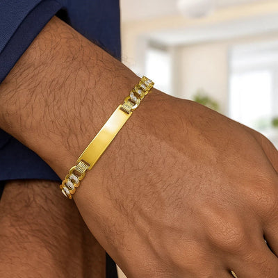14k Two Tone Gold 8 1/2 inch Mens Curb Chain ID Bracelet with White Pave (8.30 mm) - jazzyjewelryjones