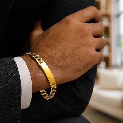 14k Two Tone Gold 8 1/2 inch Mens Curb Chain ID Bracelet with White Pave (8.30 mm) - jazzyjewelryjones