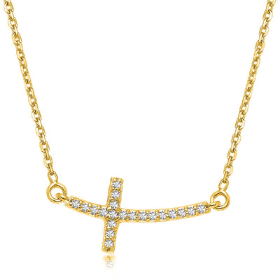 14k Yellow Gold Diamond Accented Curved Cross Necklace (.11cttw) - jazzyjewelryjones