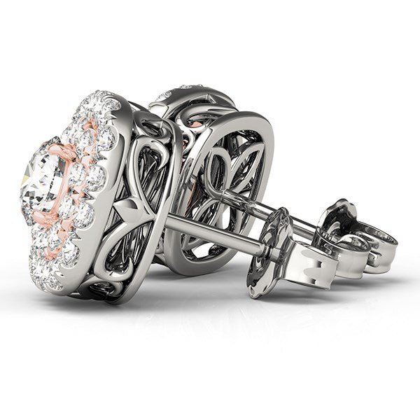 14k White and Rose Gold Cushion Shape Halo Diamond Earrings (3/4 cttw) - jazzyjewelryjones