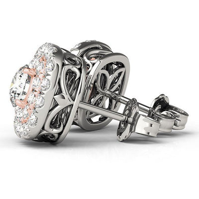 14k White and Rose Gold Cushion Shape Halo Diamond Earrings (3/4 cttw) - jazzyjewelryjones