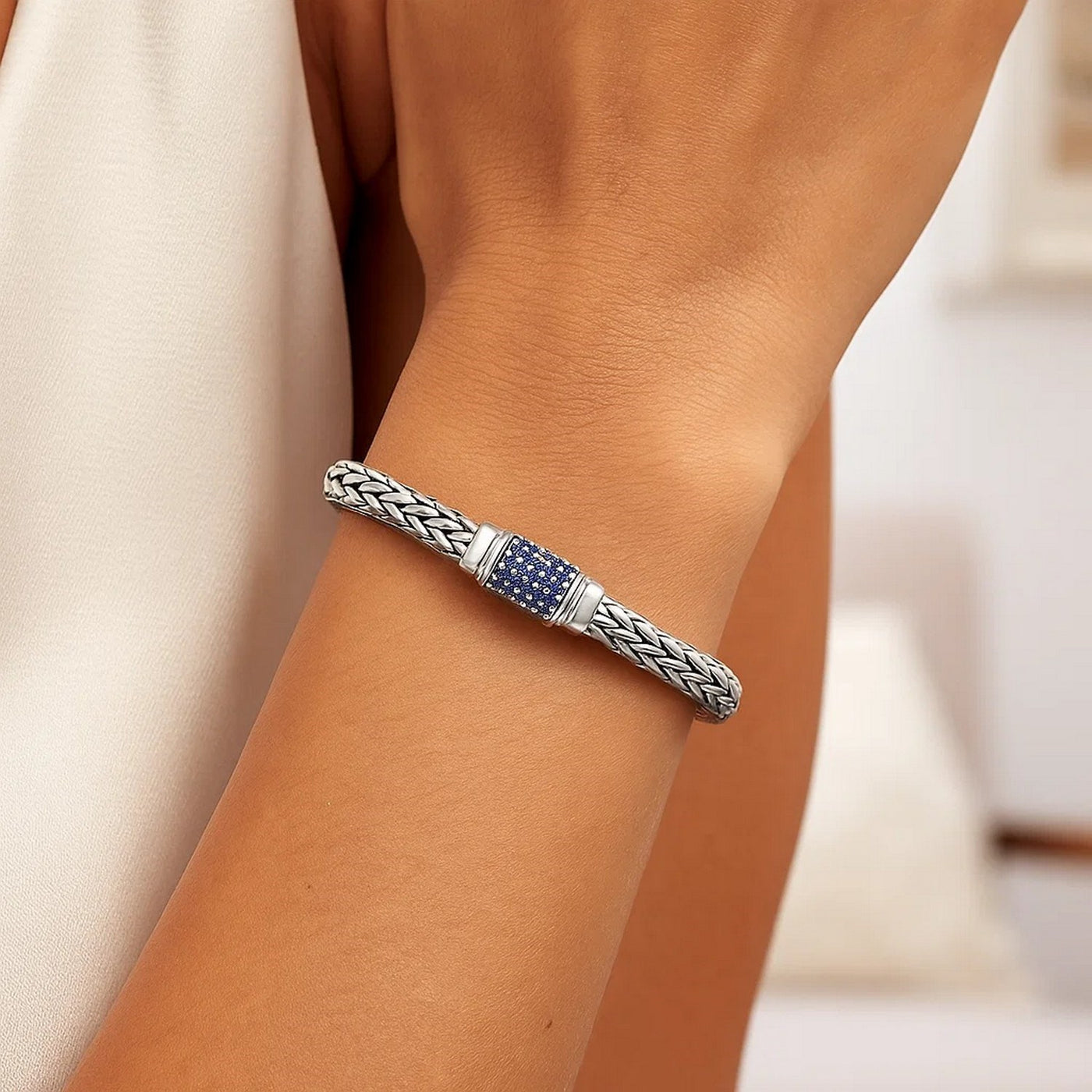 Sterling Silver Weave Motif Bracelet with Blue Sapphire Embellishments (7.00 mm) - jazzyjewelryjones