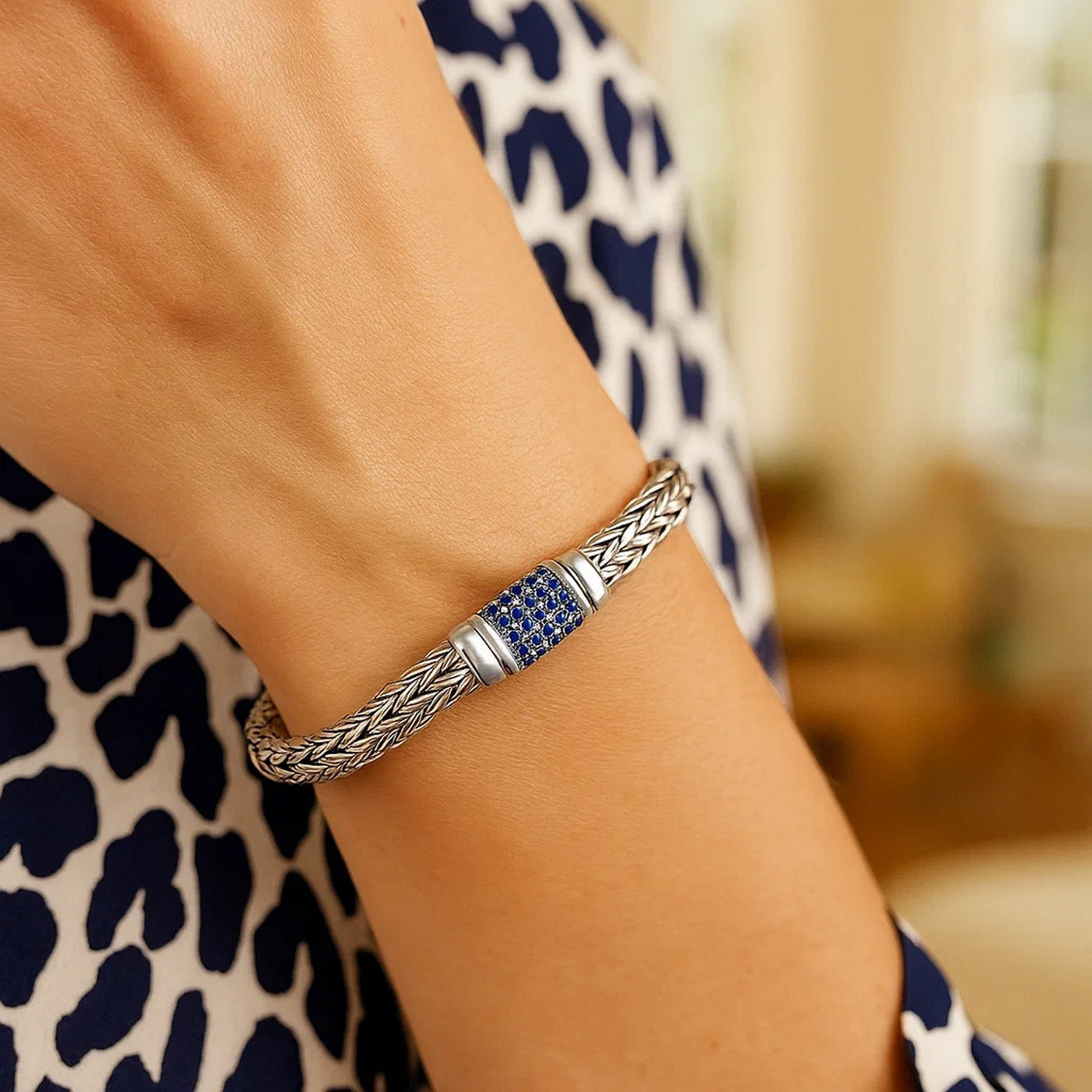 Sterling Silver Weave Motif Bracelet with Blue Sapphire Embellishments (7.00 mm) - jazzyjewelryjones