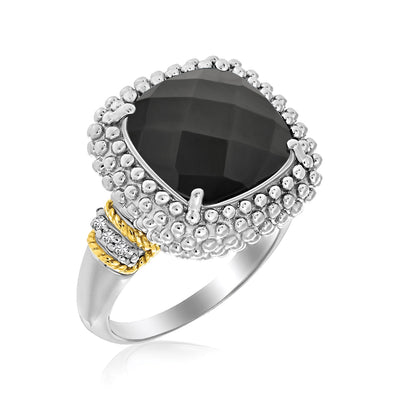 18k Yellow Gold & Sterling Silver Black Onyx and Diamond Popcorn Cushion Ring - jazzyjewelryjones