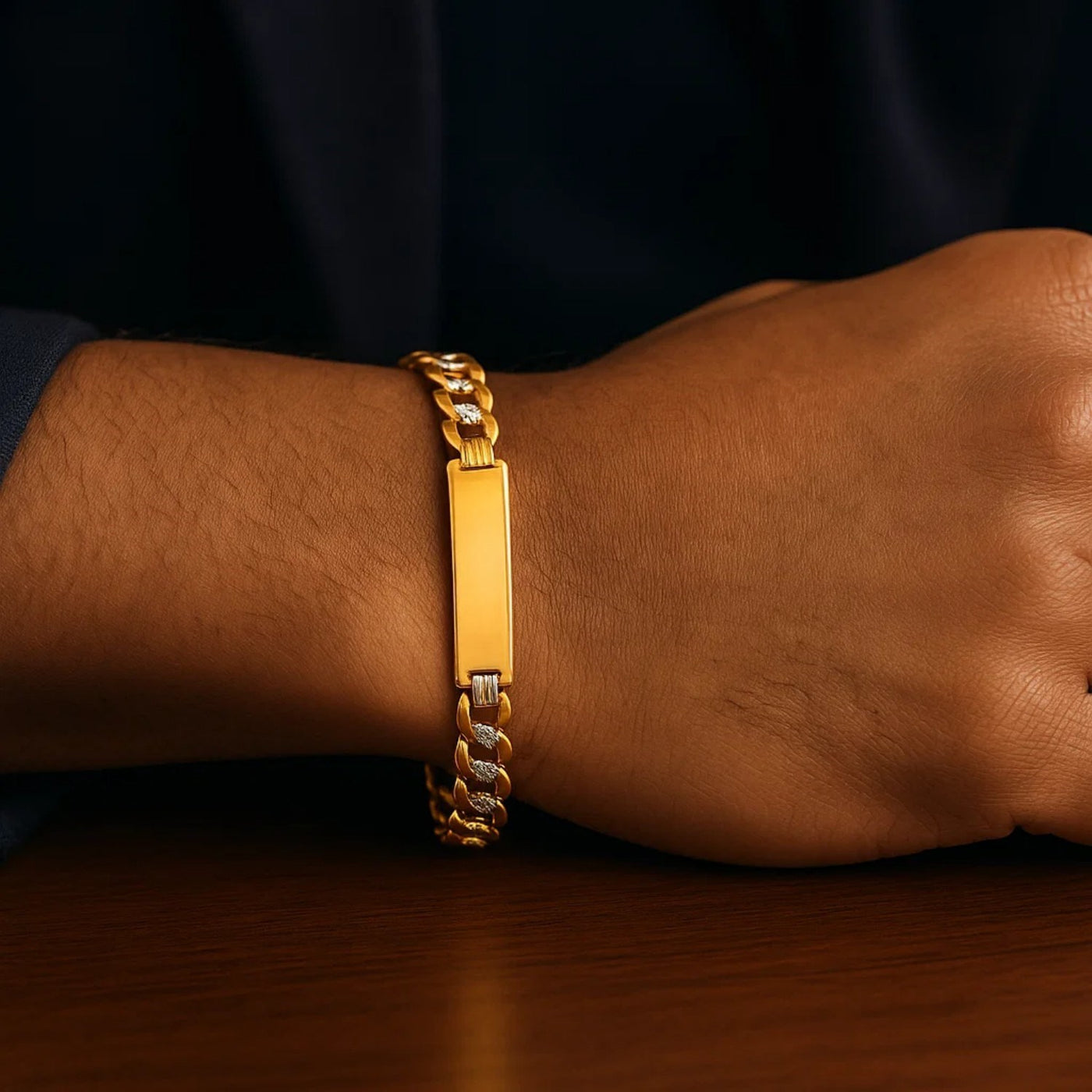 14k Two Tone Gold 8 1/2 inch Mens Wide Curb Chain ID Bracelet with White Pave (10.00 mm) - jazzyjewelryjones