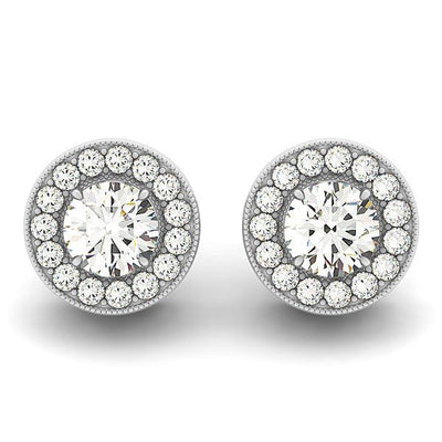 14k White Gold Round Diamond Halo Milgrain Border Earrings (3/4 cttw) - jazzyjewelryjones
