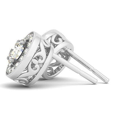 14k White Gold Round Diamond Halo Milgrain Border Earrings (3/4 cttw) - jazzyjewelryjones