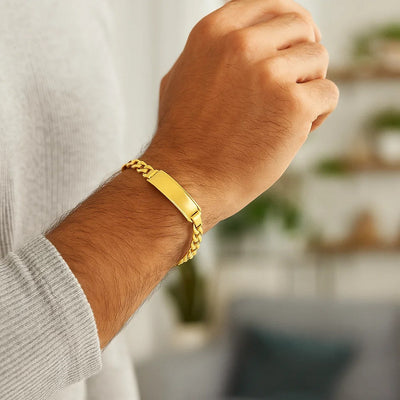14k Yellow Gold Mens ID Cuban Chain Bracelet (8.00 mm) - jazzyjewelryjones