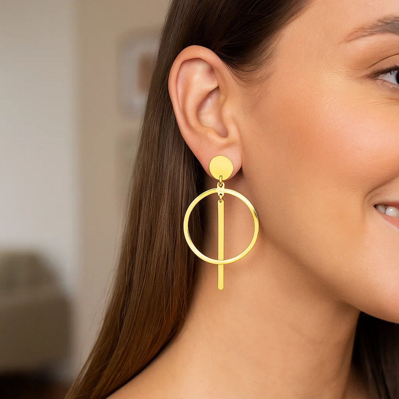 14K Yellow Gold Polished Circle and Bar Earrings - jazzyjewelryjones