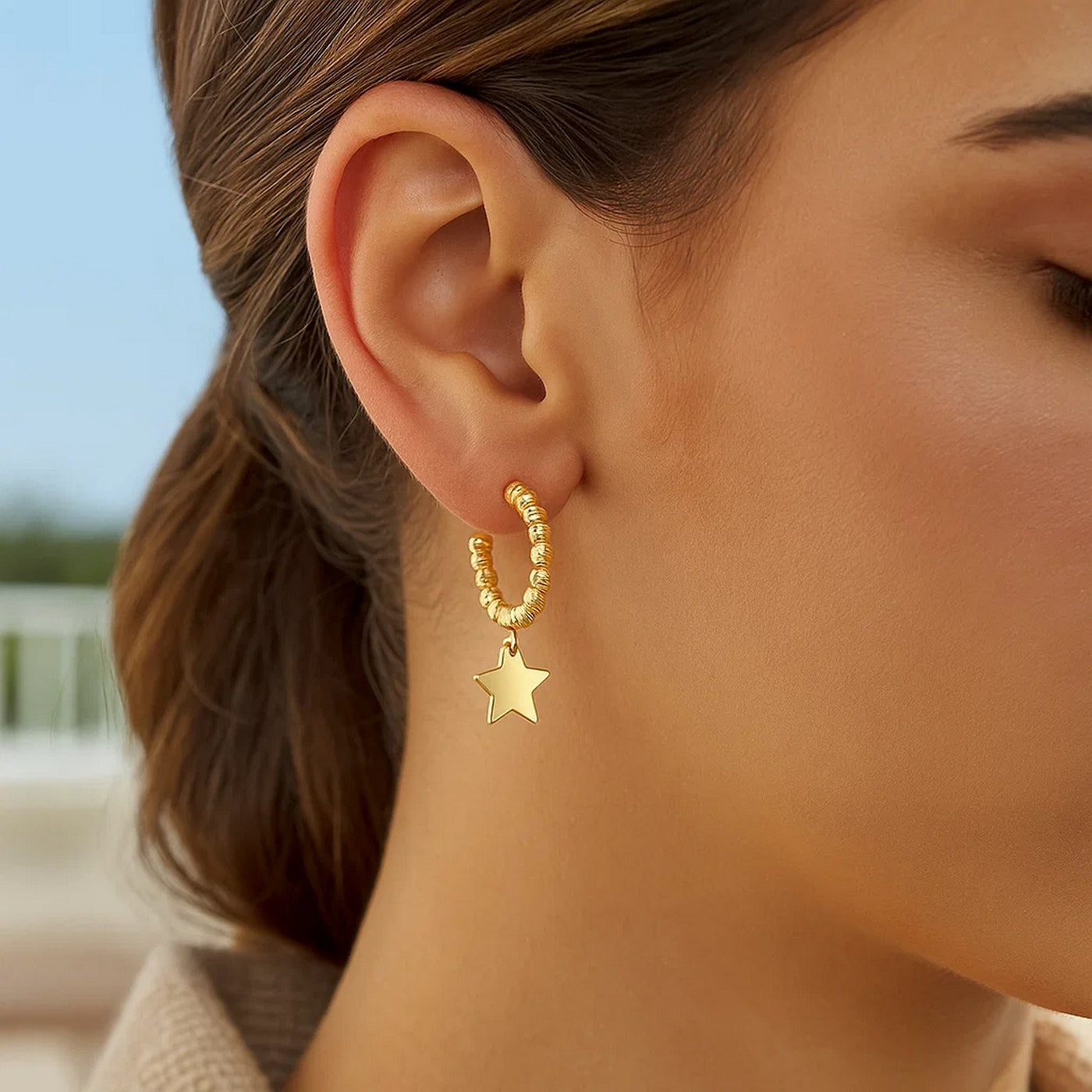 14K Yellow Gold Drop Star Charm Beaded Hoop Earrings - jazzyjewelryjones