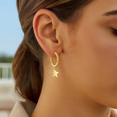 14K Yellow Gold Drop Star Charm Beaded Hoop Earrings - jazzyjewelryjones