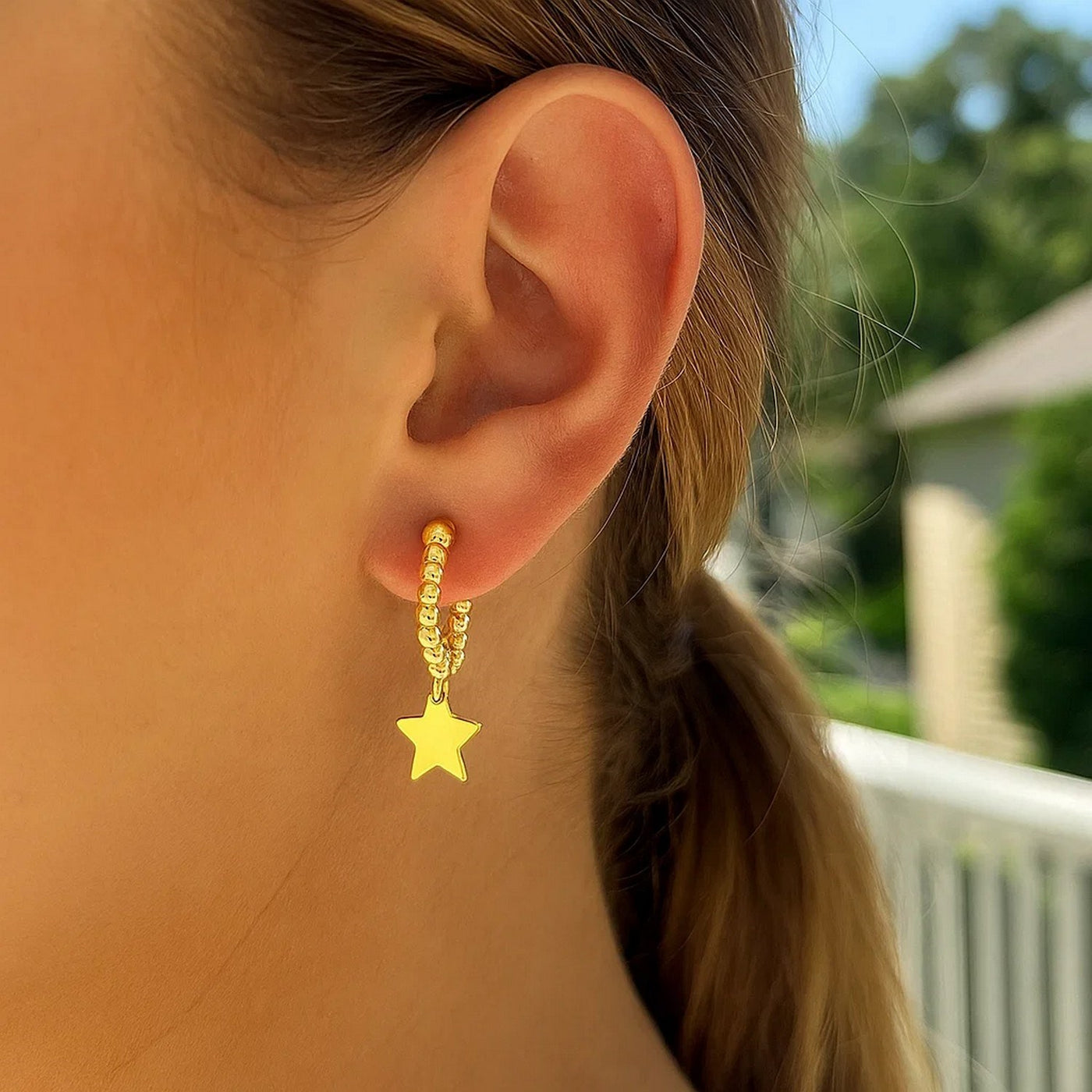 14K Yellow Gold Drop Star Charm Beaded Hoop Earrings - jazzyjewelryjones