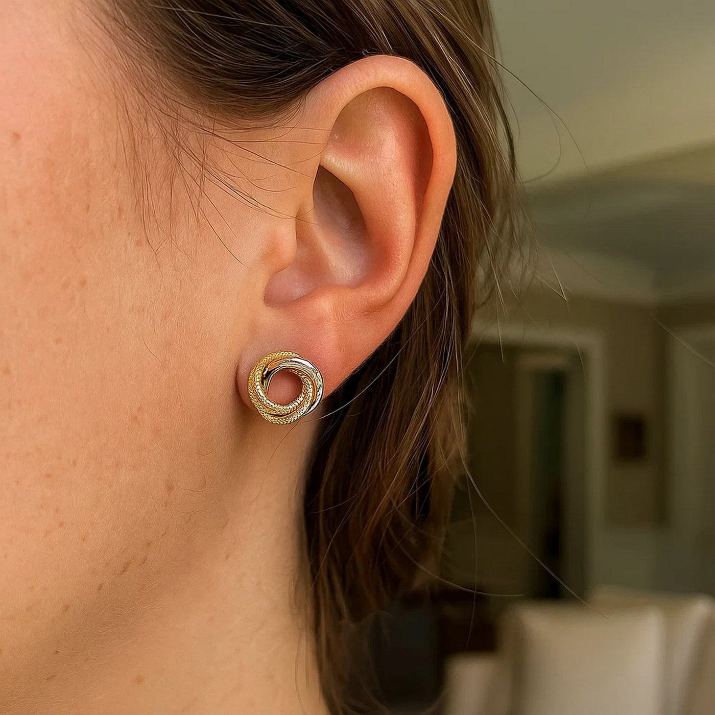 14k Two - Tone Gold Multi - Textured Open Circle Style Entwined Earrings - jazzyjewelryjones