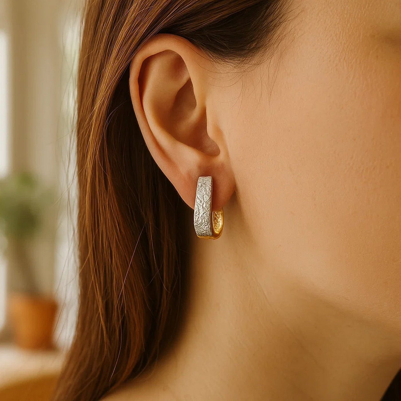 14k Two - Tone Gold Oval Diamond Cut Textured Earrings - jazzyjewelryjones