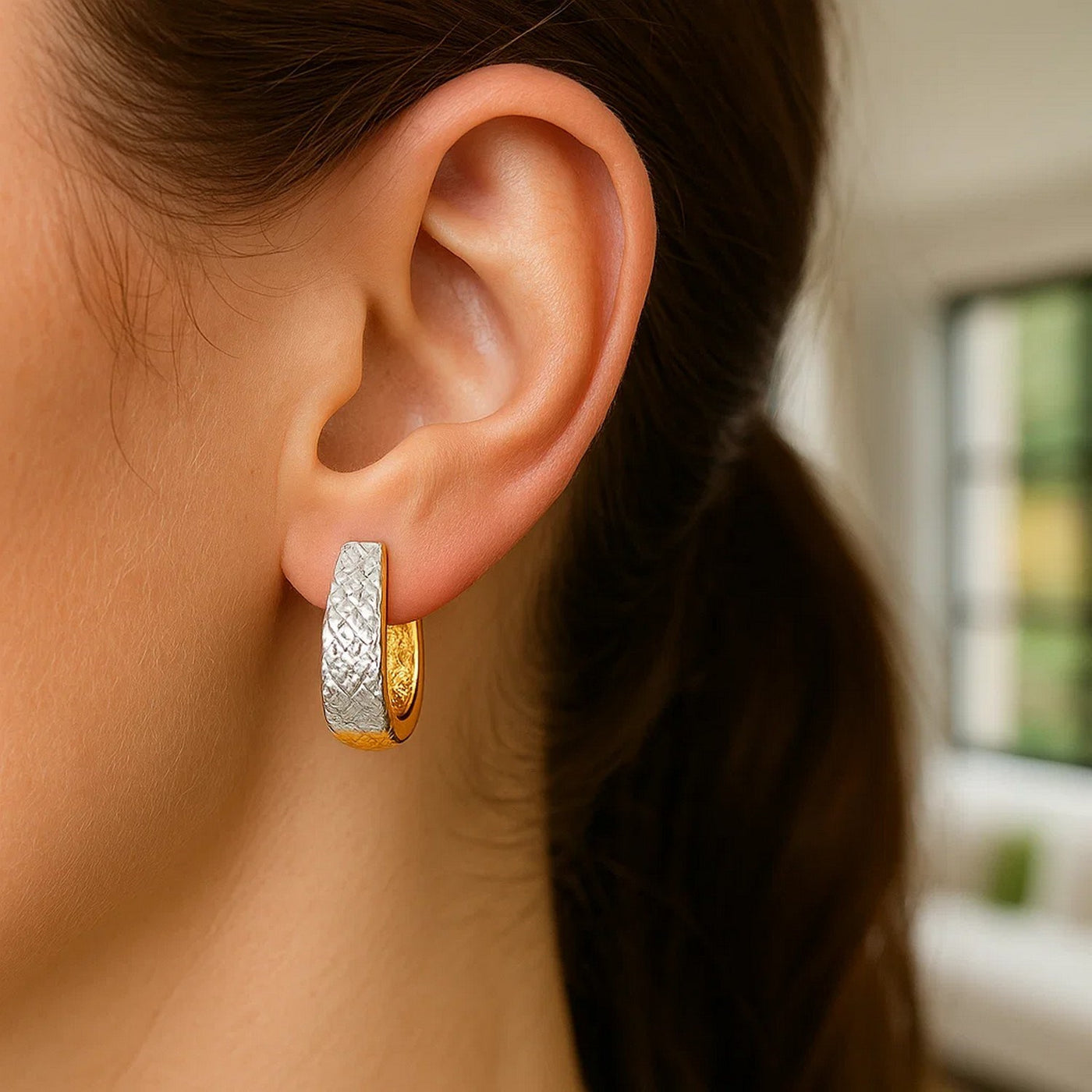 14k Two - Tone Gold Oval Diamond Cut Textured Earrings - jazzyjewelryjones