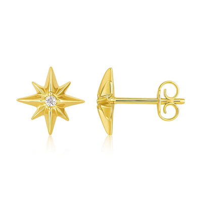 14K Yellow Gold High Polish North Star Diamond Earrings - jazzyjewelryjones