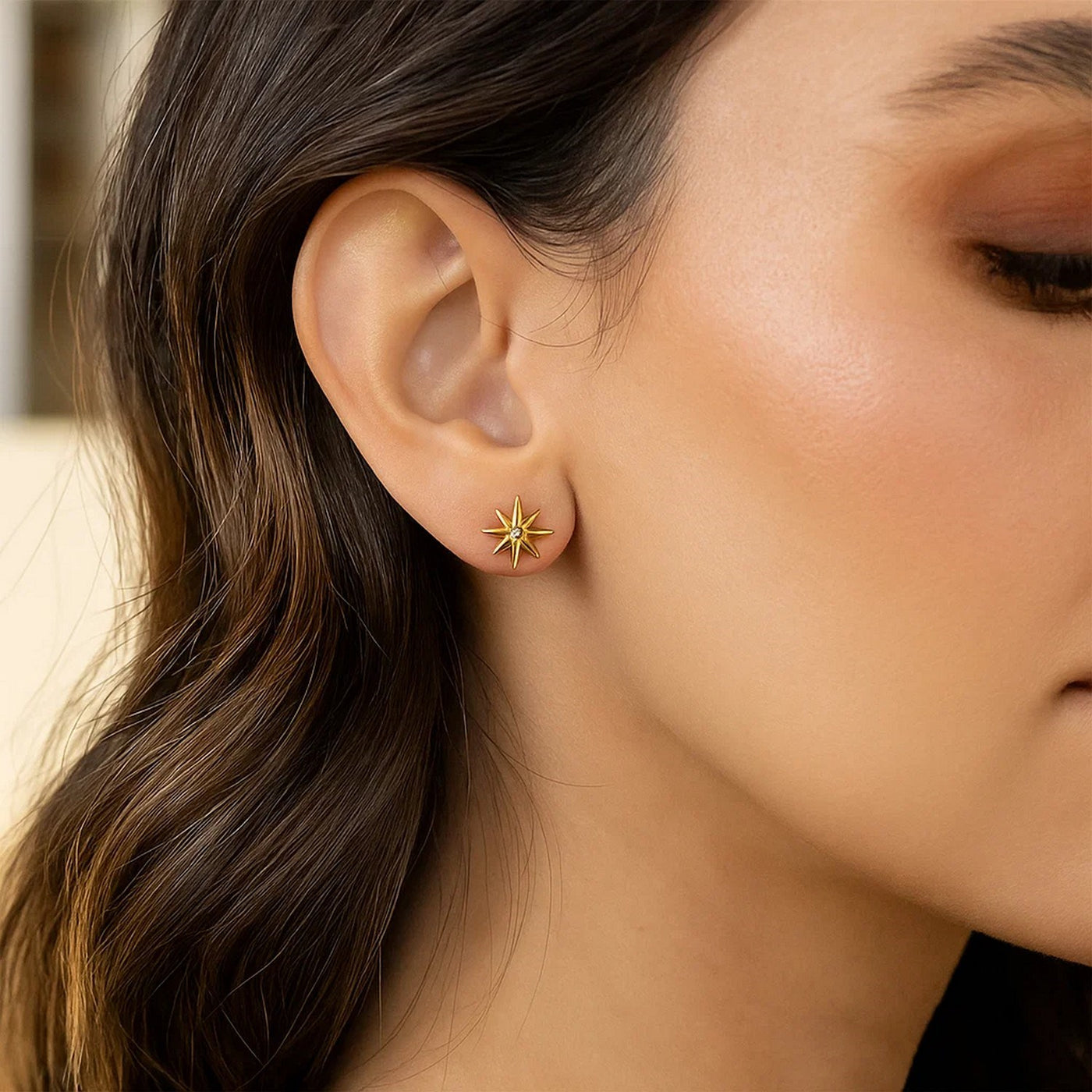 14K Yellow Gold High Polish North Star Diamond Earrings - jazzyjewelryjones