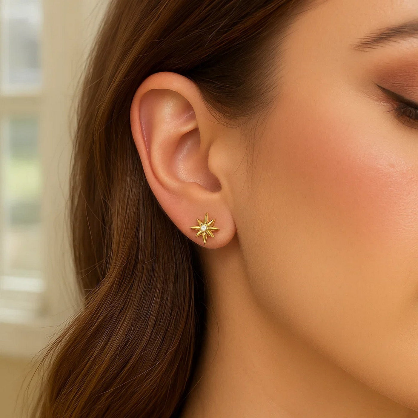 14K Yellow Gold High Polish North Star Diamond Earrings - jazzyjewelryjones